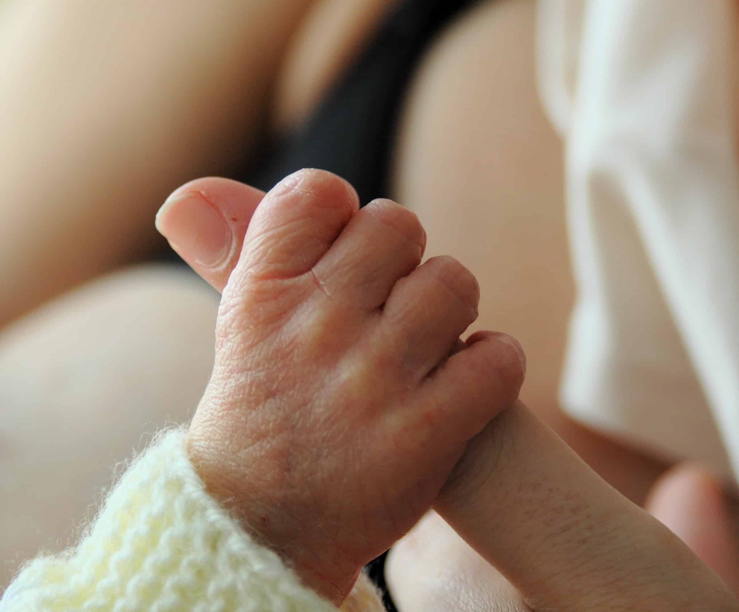 Baby holding an adult's finger