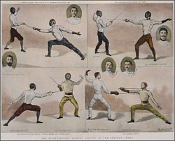 Old-fashioned illustrations of fencers