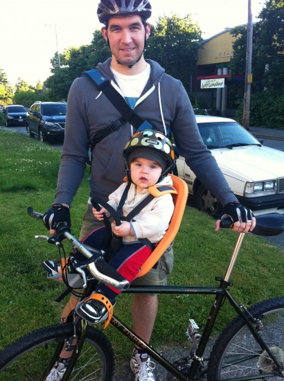 Start 'em young! Chuck and Ace are ready to go for a bike ride.