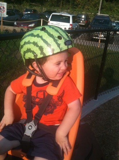 A little boy in a rear rack bike seat.