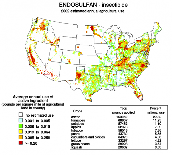 US map of Endosulfan use