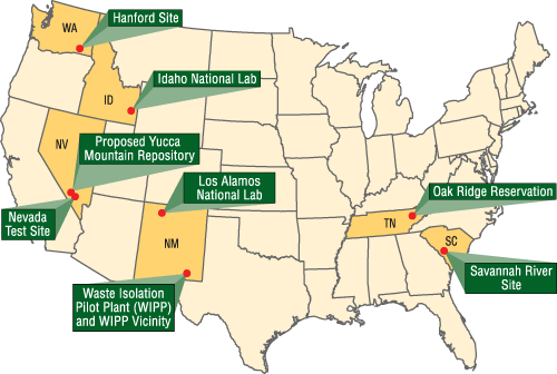 Locations that the US Department of Energy (DOE) designated in 2007 as candidates to receive a particular type of radioactive wastes from across the nation. All eight are federal facilities, managed and/or being cleaned up by DOE.