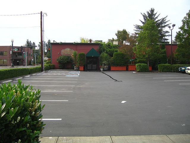 Commercial building set far back from street due to parking requirements.