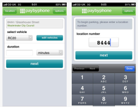 iPhone screenshots of PaybyPhone app.