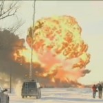 Screen shot of BBC footage of ND oil train explosion.