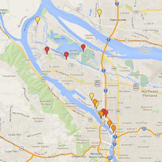 Portland Derailments 2011-13. Map data ©2014 Google.