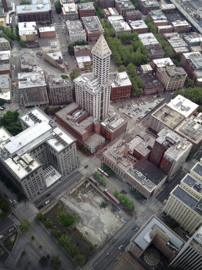 Aerial view of 4th AVE and Cherry and Smith Tower
