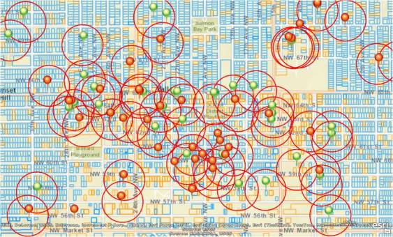 2013 thru mid-October DPD demolition permit applications of older homes with 400’ radius notification circles. Original Sightline Institute graphic, available under our Free Use Policy