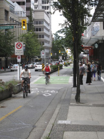 Another separated cycle lane in Vancouver, BC. Photo by Alyse Nelson, used with permission.