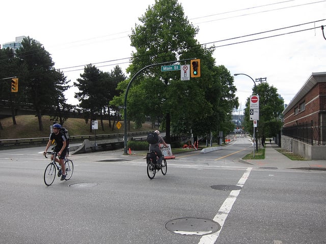 At Main and Union, the Adanac Bikeway becomes a bike-only facility. Photo by Alyse Nelson, used with permission.
