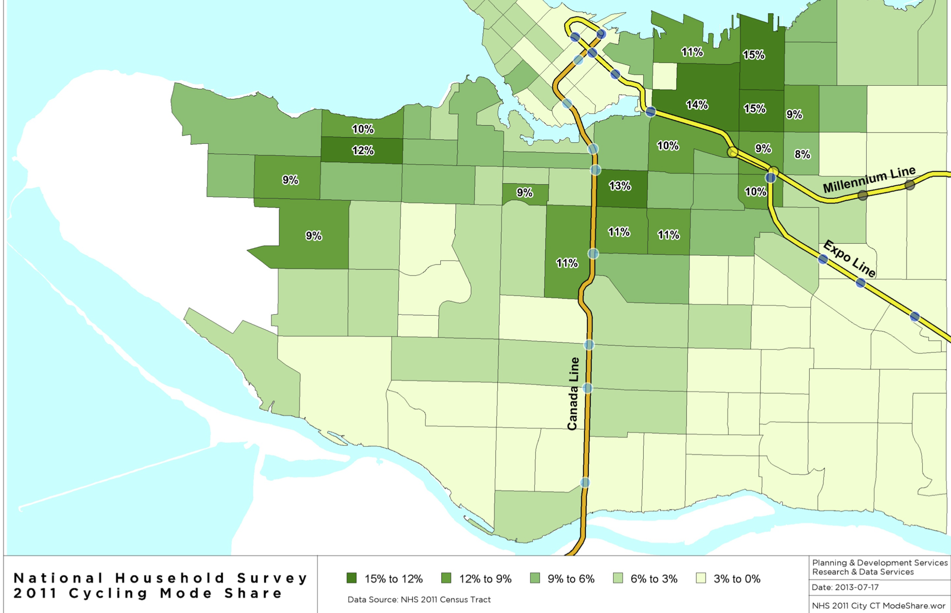National Household Survey 2011 Cycling Mode Share, Vancouver, BC. By Richard Campbell.