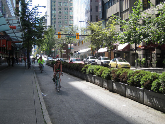 Vancouver, BC, separated cycle lanes. By Alyse Nelson, used with permission.