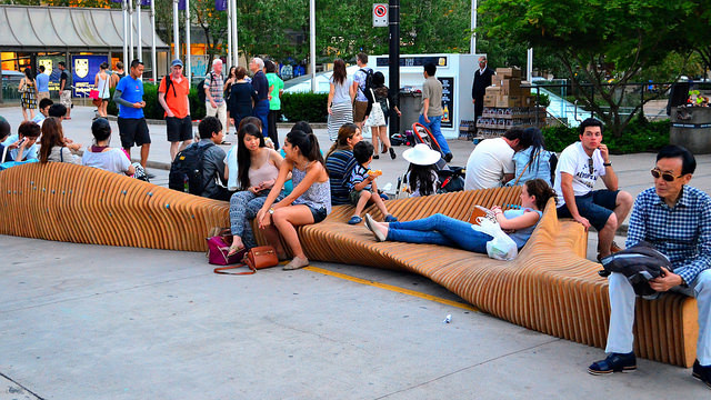 Relaxing on Urban Reef at Robson Square, by Steve Chou, cc.