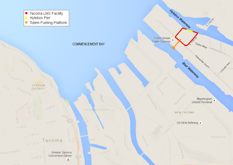 Port of Tacoma map, with highlights for LNG facility, by Sightline Institute, based on Google Maps.