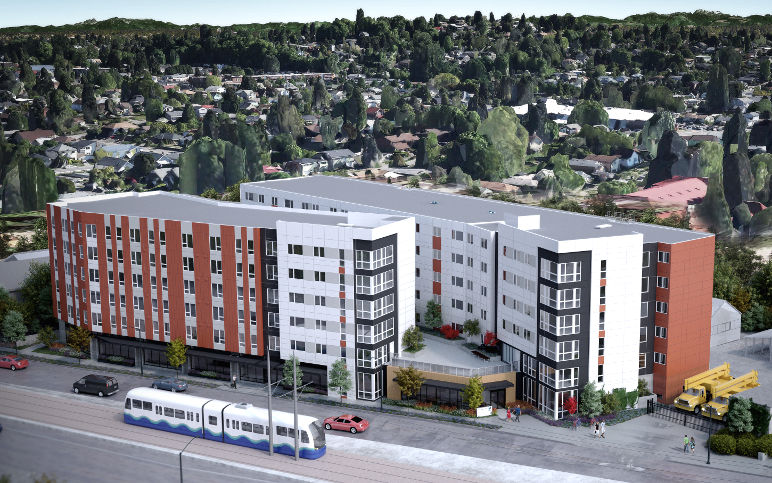 Currently under construction, Mercy Othello plaza received $8.5 million from the Housing Levy, and will provide 108 apartments, 60 percent of which will have two or three bedrooms, with rents ranging from $450 to $1100 per month. by Ankrom Moisan Architects (Used with permission.)