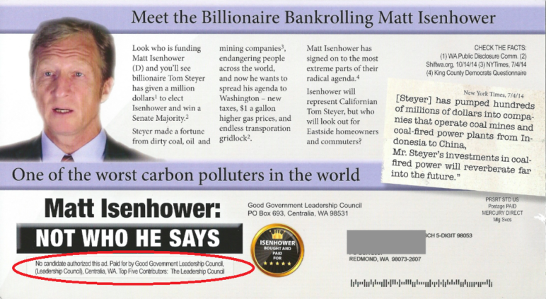 "Matt Isenhower: Not Who He Says" mailers, by Good Government Leadership Council. Contributor highlight Sightline's own. 