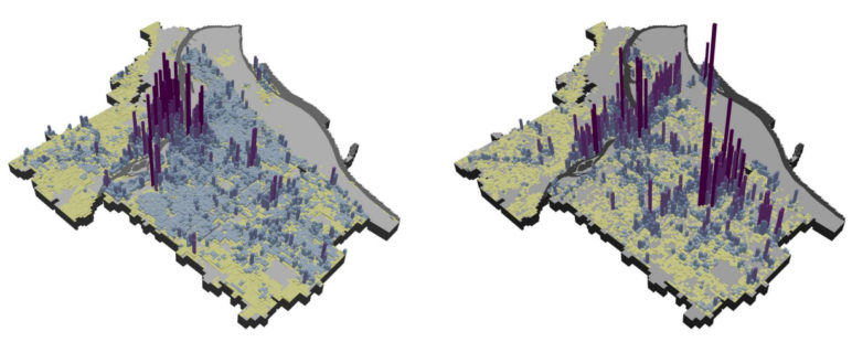 Images from Portland’s Buildable Lands Inventory illustrate existing housing (left) and zoned capacity for additional housing (right), by City of Portland (Public domain.)