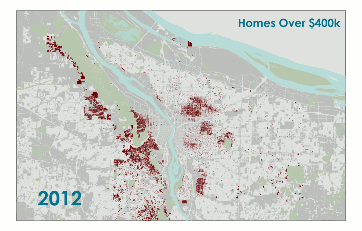 At $400,000, 59 percent of Portland households are excluded from homeownership. Many houses in these areas are now well over $400,000. Animated map by Mike Sellinger, used with permission. 2016 data is through August.