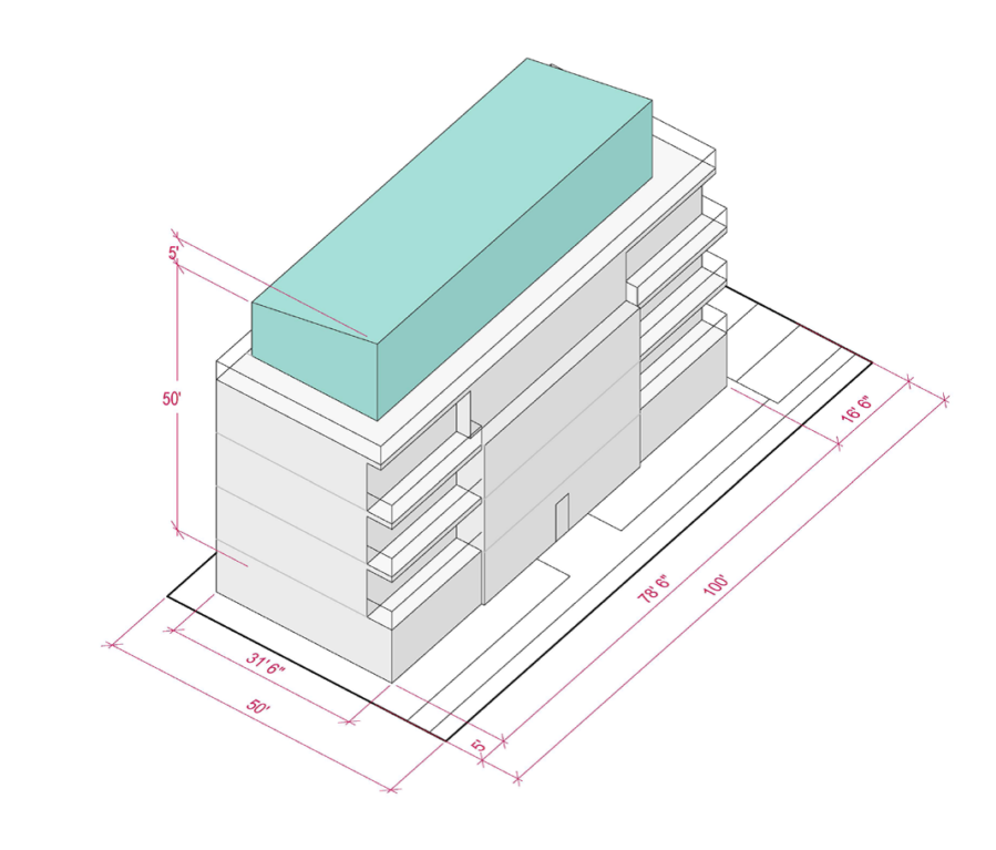 City of Seattle diagram of the LR3 small apartment prototype illustrating 12-foot setbacks on the 5th floor as would be required under the proposed MHA upzone.
