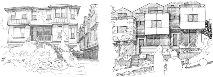 City of Seattle sketches of typical townhouse (left) and rowhouse (right) developments.