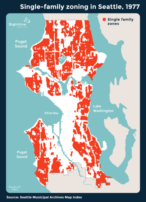 Single family zoning in 1977. Graphic by Sightline Institute.