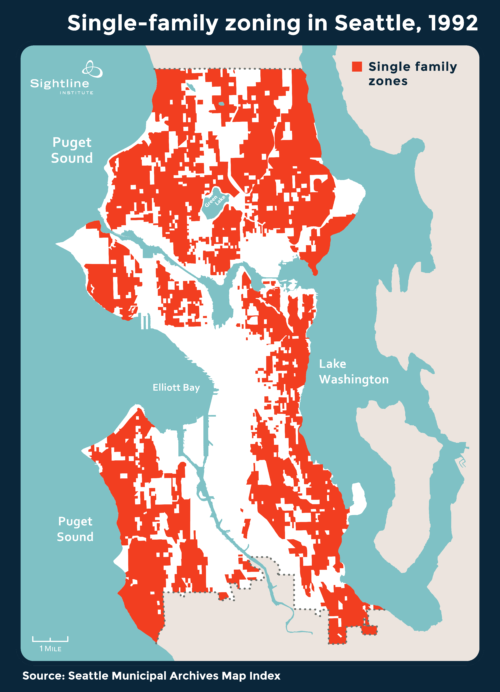 Single family zoning in 1992. Graphic by Sightline Institute.