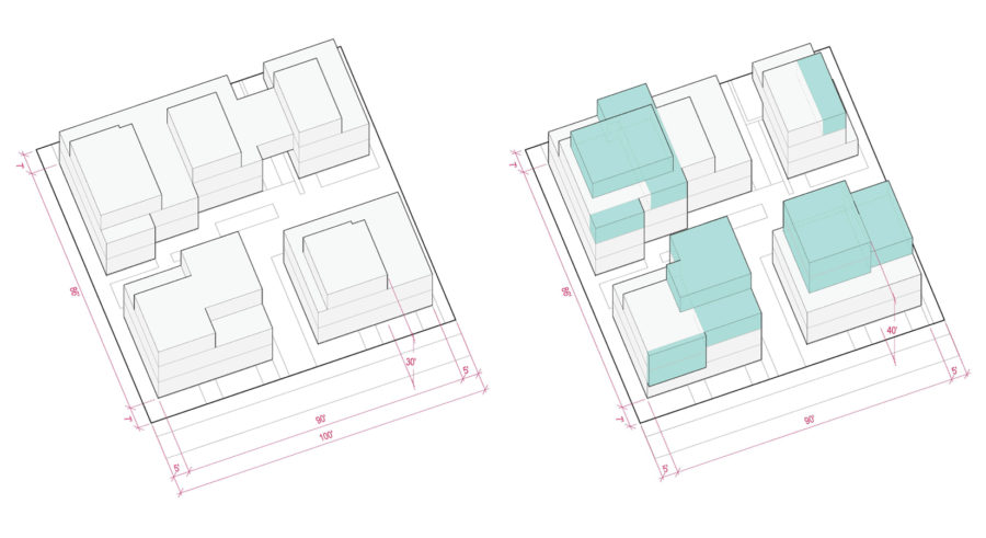 City of Seattle diagrams of an 8-unit townhouse project before (left) and after (right) the proposed MHA upzone.