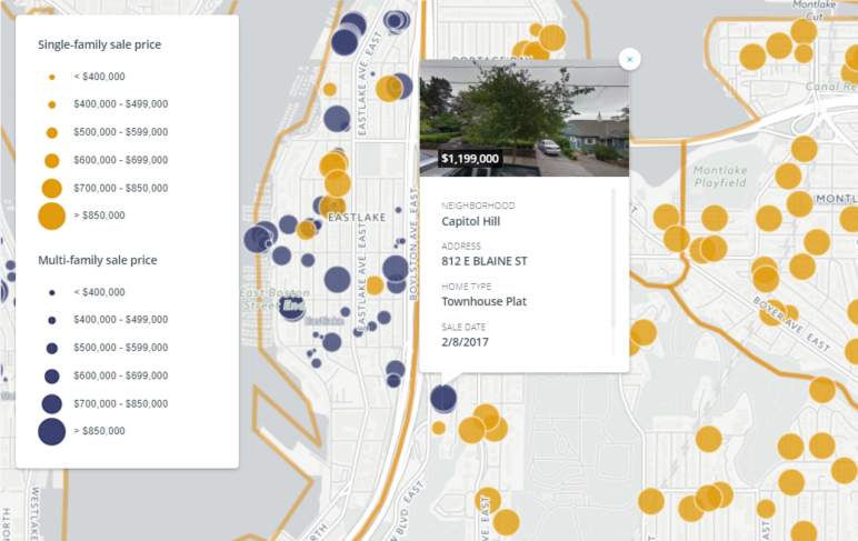 Clicking on individual sale dots reveals additional information about the sale. Screenshot by Sightline Institute.