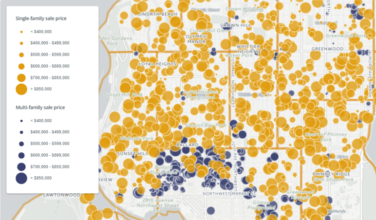Zooming into the map, the neighborhood summary dots disappear and are replaced with dots showing every sale in the city from July 1st, 2016 to June 30th, 2017. Screenshot by Sightline Institute.