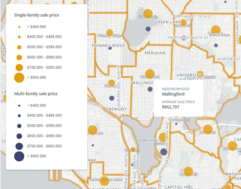 Hovering your mouse over, or clicking on, any neighborhood dot brings up a popup box with specific information about that neighborhood. Screenshot by Sightline Institute.
