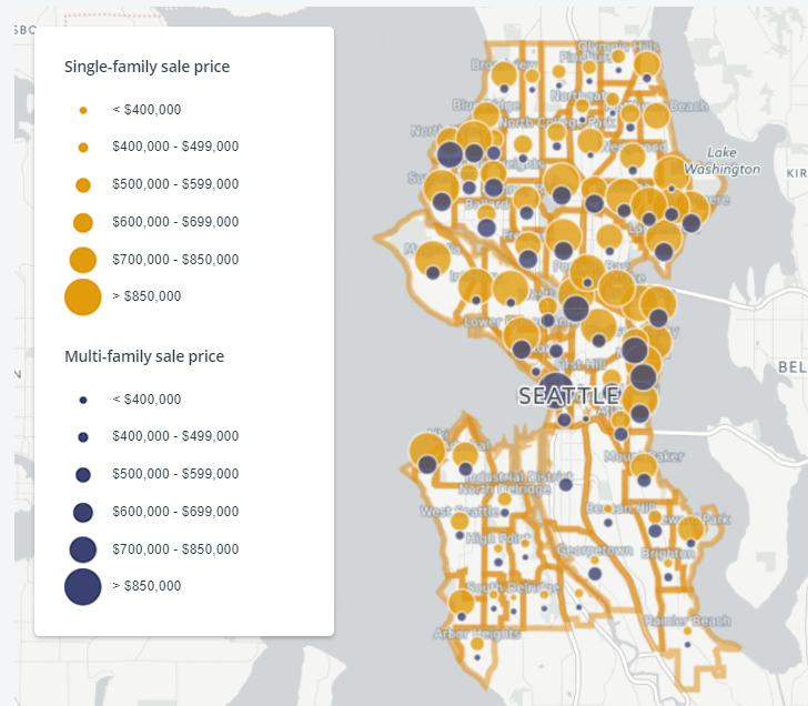Rollup view of the map. Dot sizes represent average sale prices by neighborhood. Orange dots represent single-family home prices and blue dot represent multi-family home prices. Screenshot by Sightline Institute.