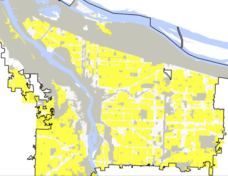 Map of Portland showing the duplex ban to span most of the city.