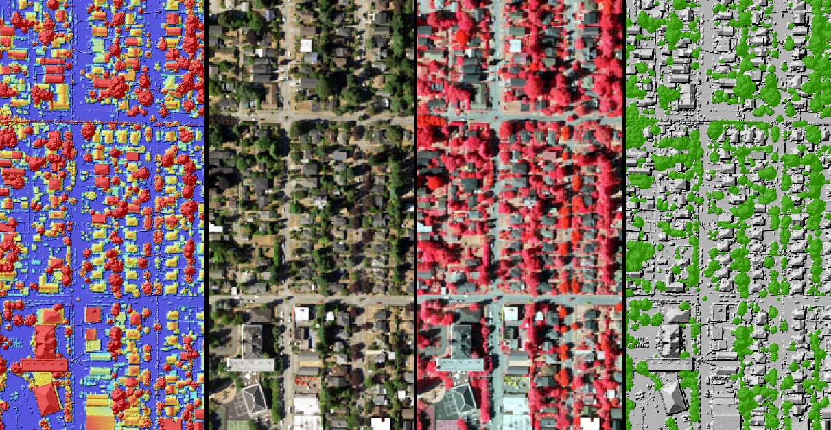 Three different ways to measure tree canopy from left to right: LiDAR, aerial photography, and color infrared, with Seattle’s final LiDAR-based tree canopy result mapped on the far right. Source: City of Seattle.