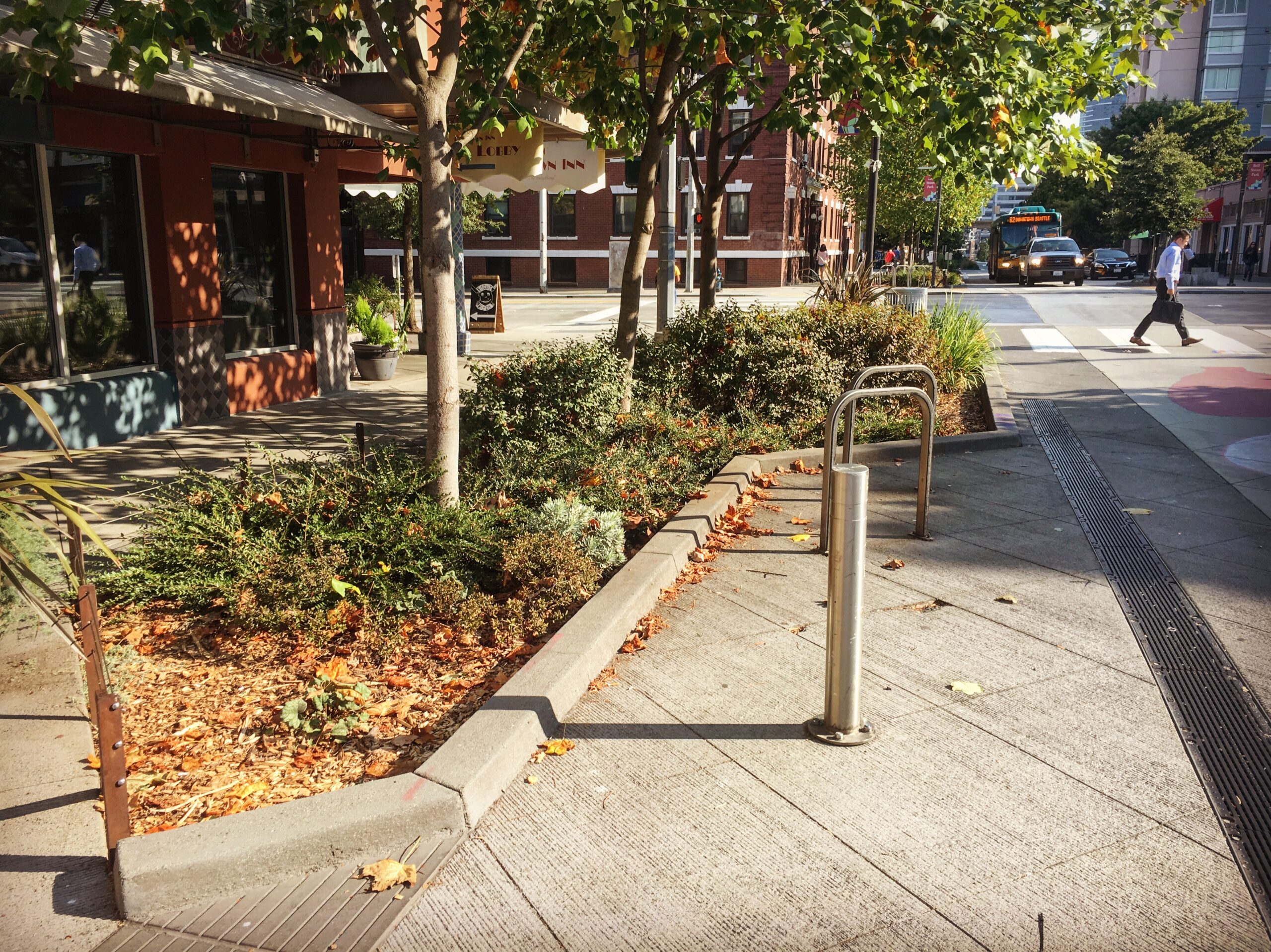 On Seattle’s Bell Street Park, the city narrowed the portion of the street devoted to car lanes and repurposed the right of way for trees, bike parking, and expanded sidewalks. Photo by Dan Bertolet. 
