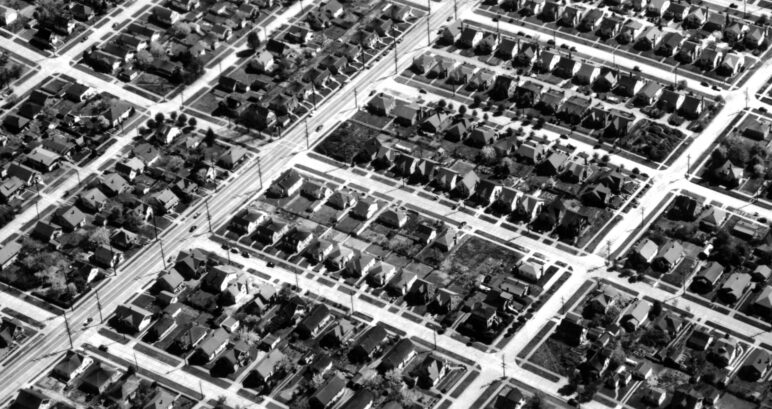 1947 aerial photo of Seattle’s West Woodland neighborhood illustrating how most of the trees were cleared to make way for the construction of new houses and roads. Photo from City of Seattle Municipal Archives Digital Collection, public domain. Click photo to enlarge.