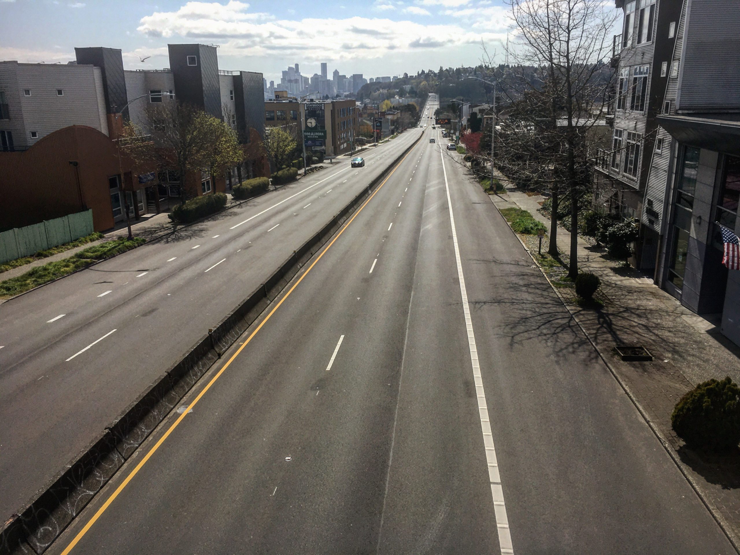 Seattle's Aurora Avenue and the downtown skyline, April 7, 2020. Photo by Dan Bertolet.