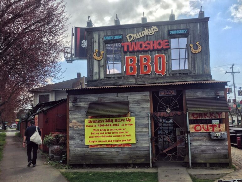 Drive-up, carry-out BBQ in Seattle's Fremont neighborhood, April 7, 2020. Photo by Dan Bertolet.