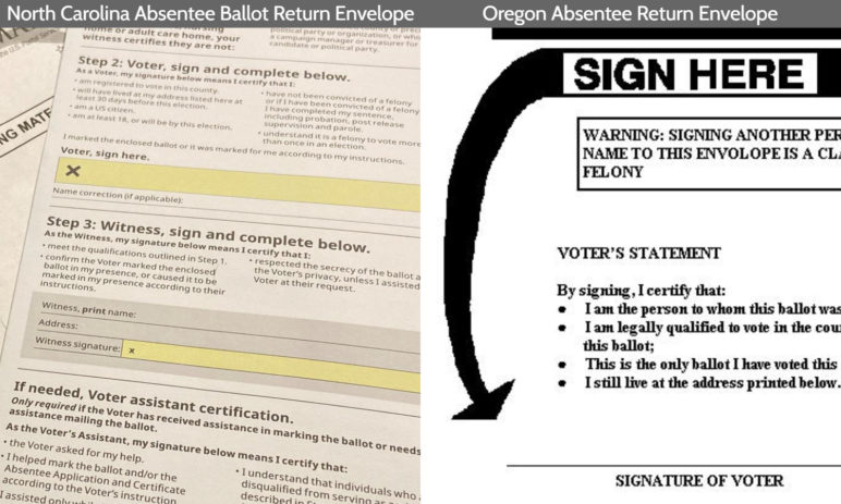 Compare the North Carolina absentee ballot return envelope, with witness requirement, to the Oregon mail-in ballot return envelope. Absentee ballots.