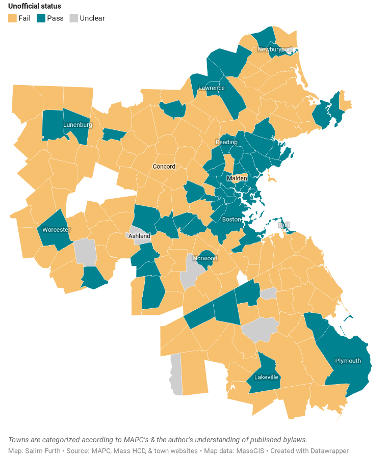 map of Boston area townships showing that most will need to allow more housing