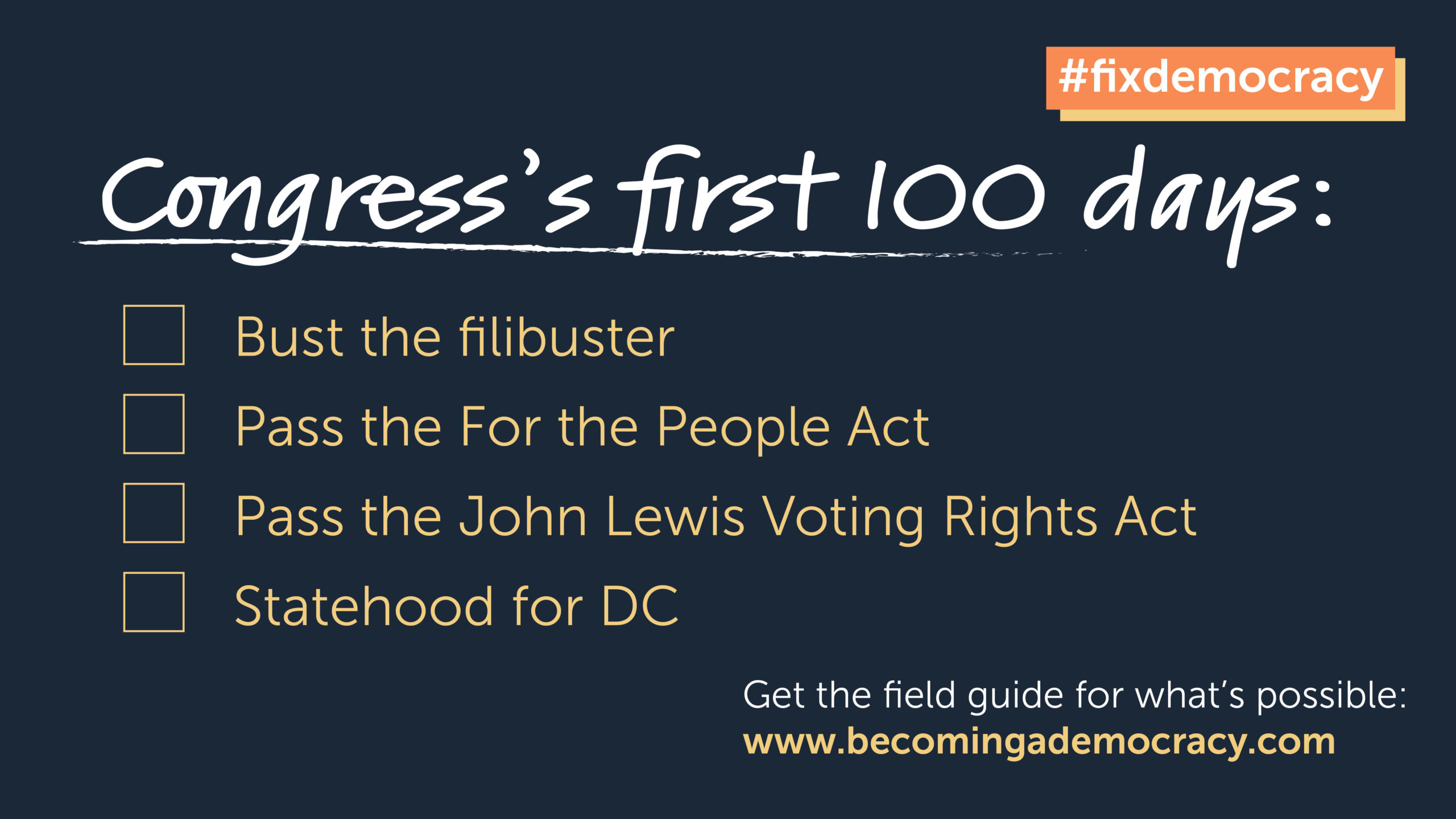 Democrats hold control of the House, Senate, and White House. What should they do in their first 100 days? Here's Sightline's checklist of priorities: 1) bust the filibuster, 2) pass the For the People Act, 3) pass the John Lewis Voting Rights Act, 4) statehood for DC