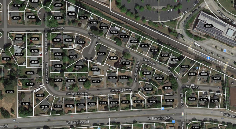 satellite image of low-density homes near the Willow Creek MAX station in Washington County, Oregon, with prices in the $400,000s and $500,000s