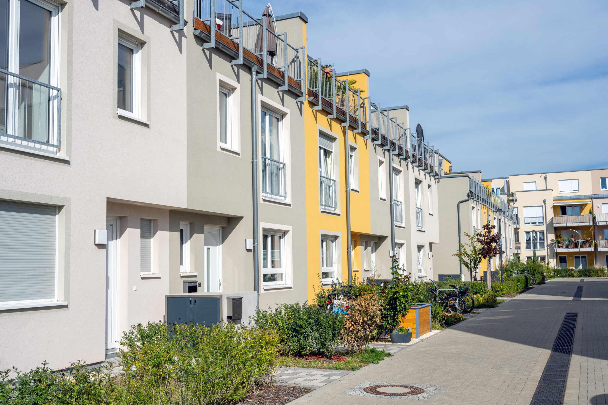 Row of modern serial 2-story houses in Berlin, Germany