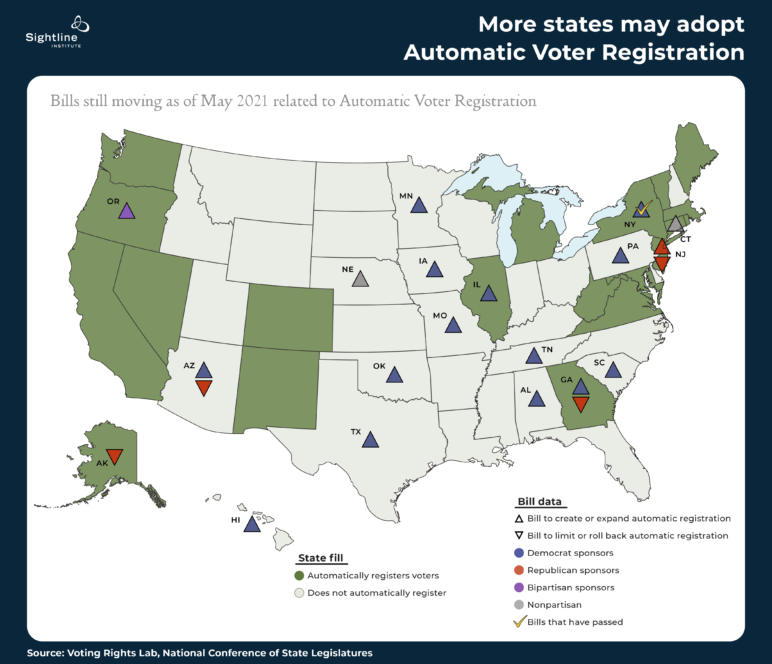US map with the header, "More states may adopt Automatic Voter Registration."