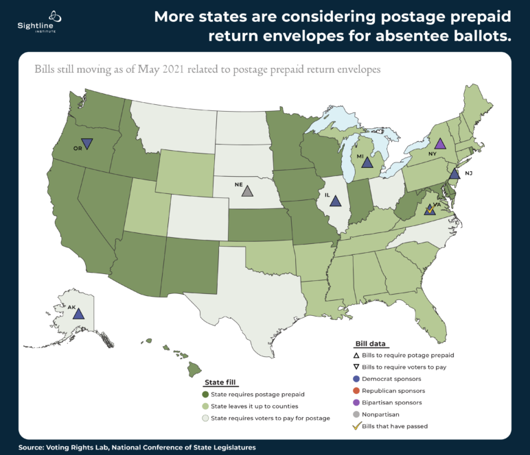 US map with the header, "More states are considering postage prepaid return envelopes for absentee ballots."