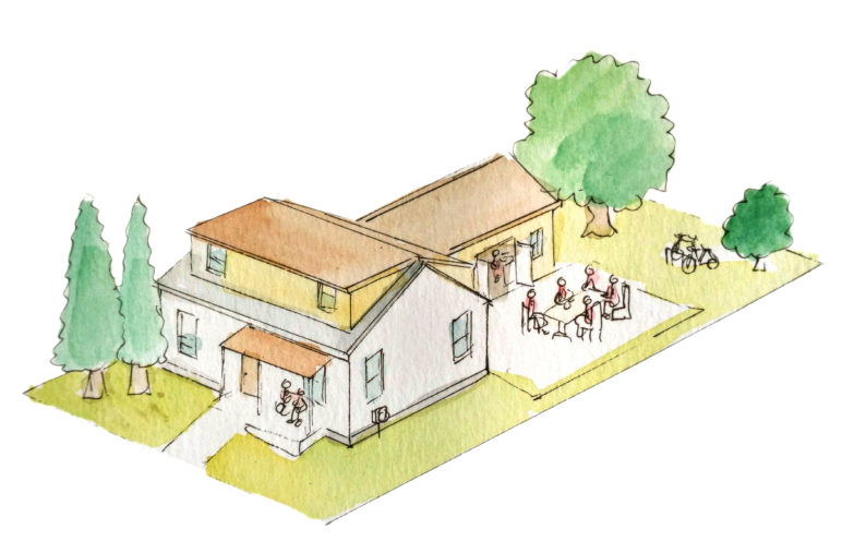 Drawn illustration of a co-housing structure, with courtyard and many people sitting in the back porch