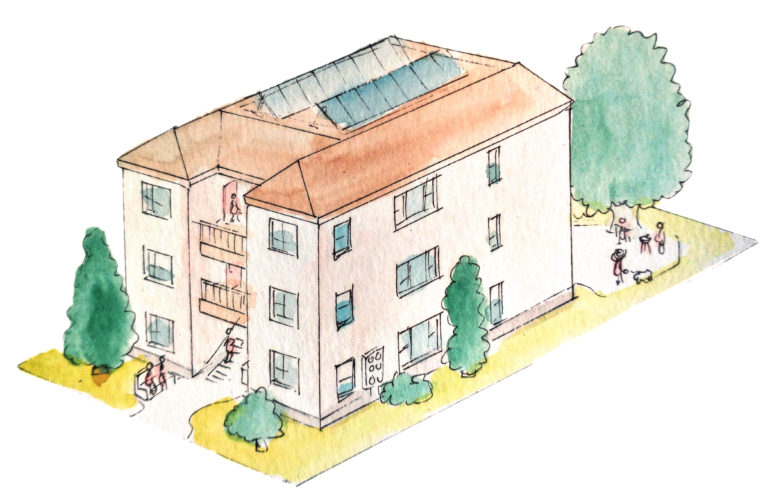 Illustration of a three-story sixplex
