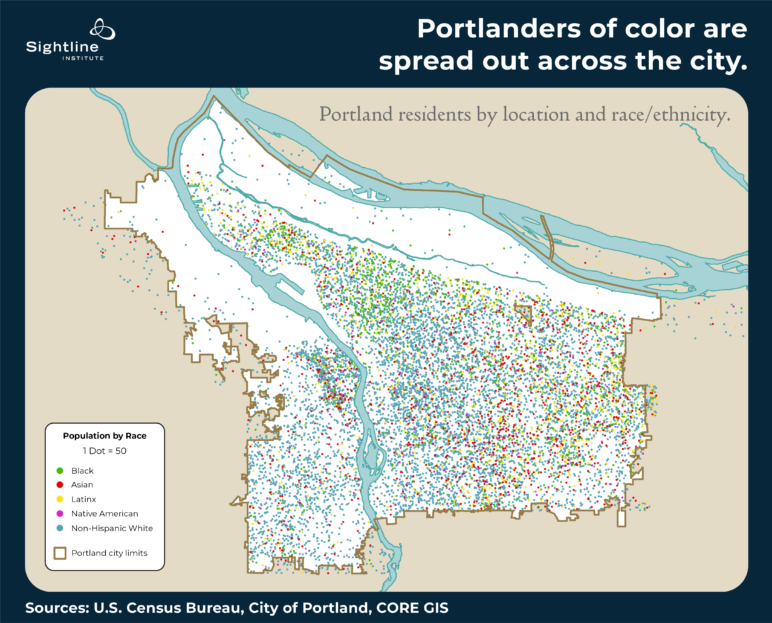 Dot map showing that "Portlanders of color are spread across the city."