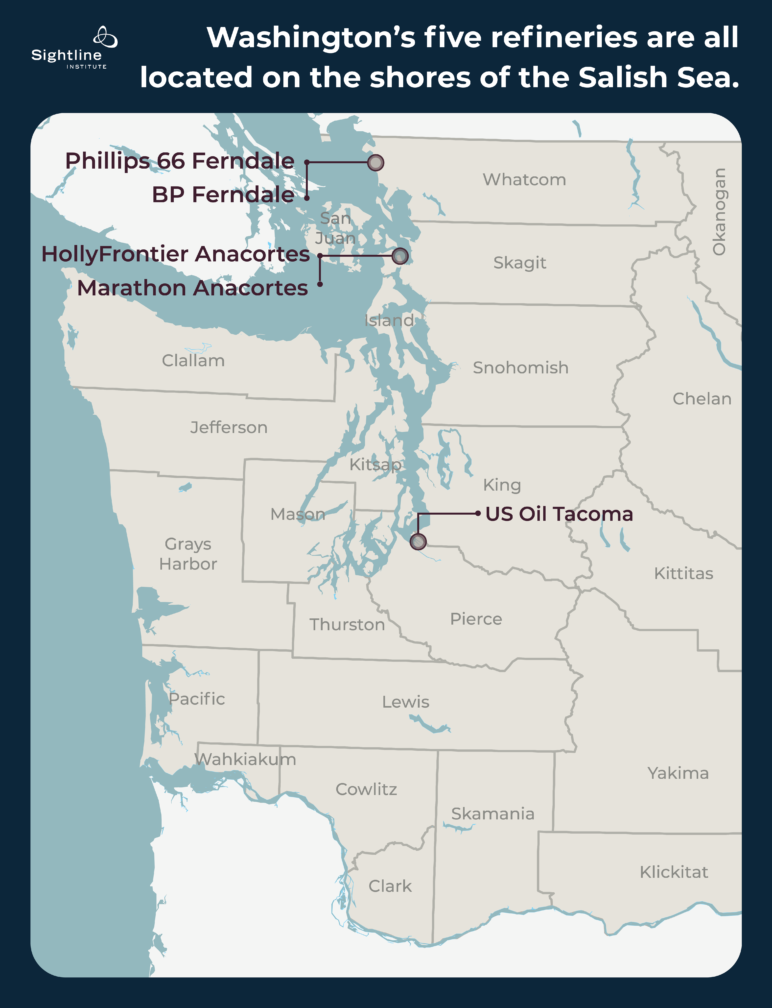 Refinery locations map along the shores of the Salish Sea