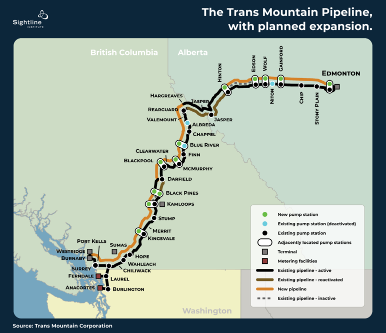 Mao titled "The Trans Mountain Pipeline, with planned expansion." Shows a new pipeline planned to track the existing one from Burnaby to Edmonton.