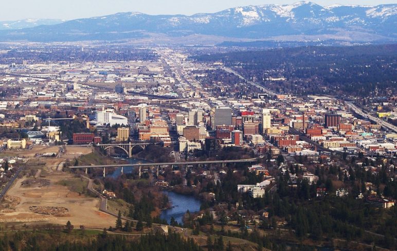 Aerial view of Spokane, WA during the daytime.